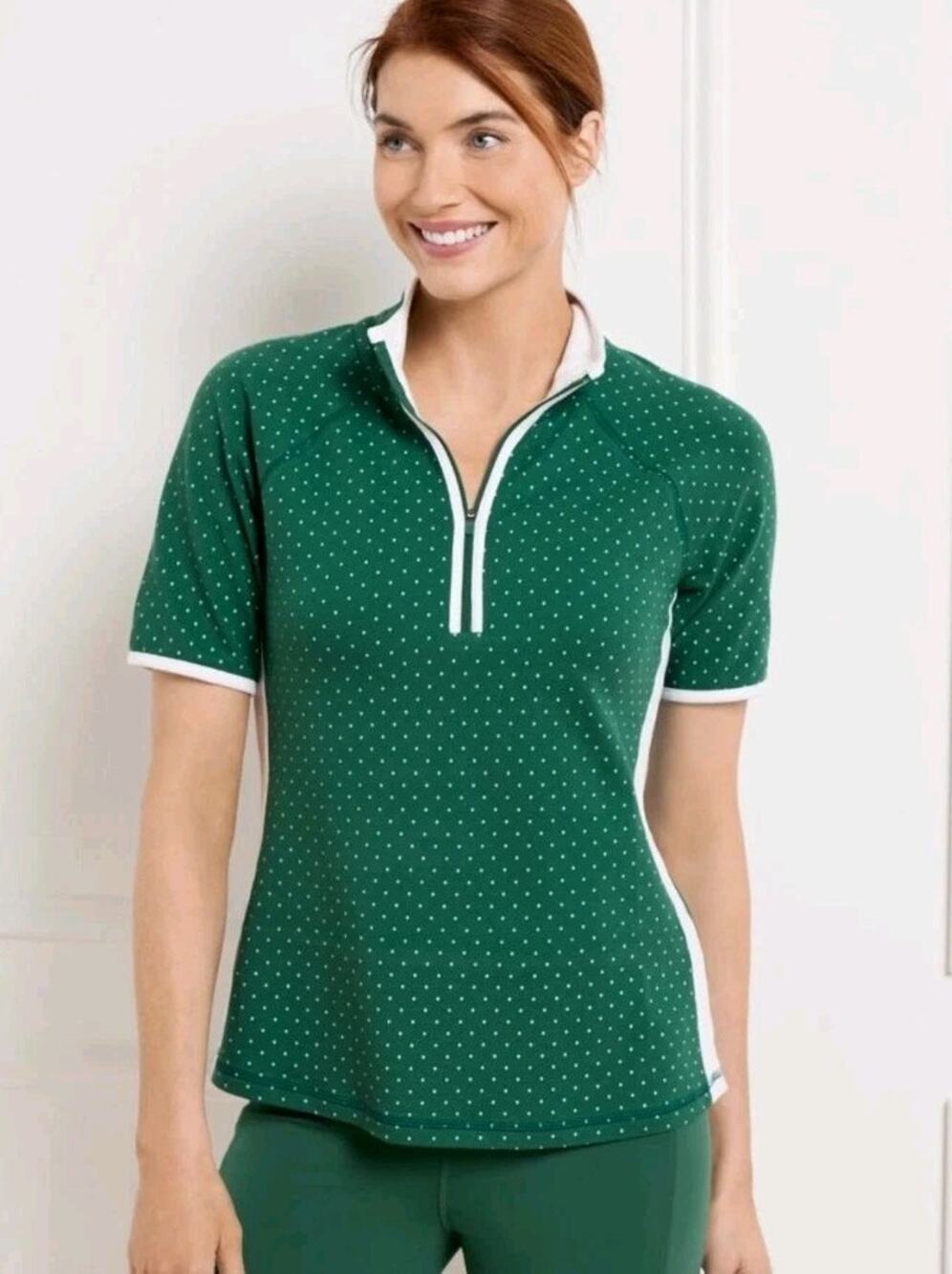 Talbots ~Woman Size M~ Green/White Polo Shirt Top Stretch NWT.